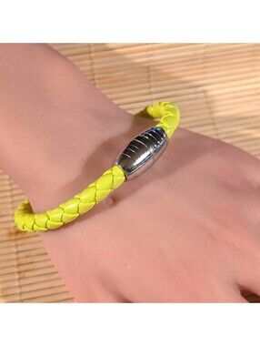 Bright Yellow Braided Thick Vegan Leather Magnetic Clasp Bangle Bracelet